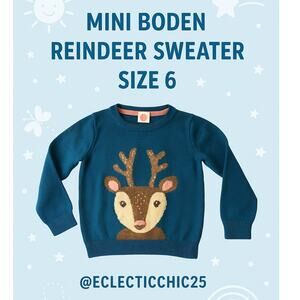 Mini Boden Kids Reindeer Sweater Size 5-6  Blue Holiday Pullover Girls